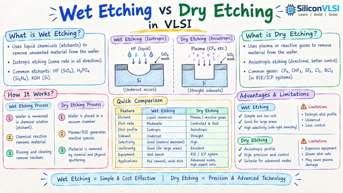 A comparison of wet and dry etching in semiconductor fabrication.