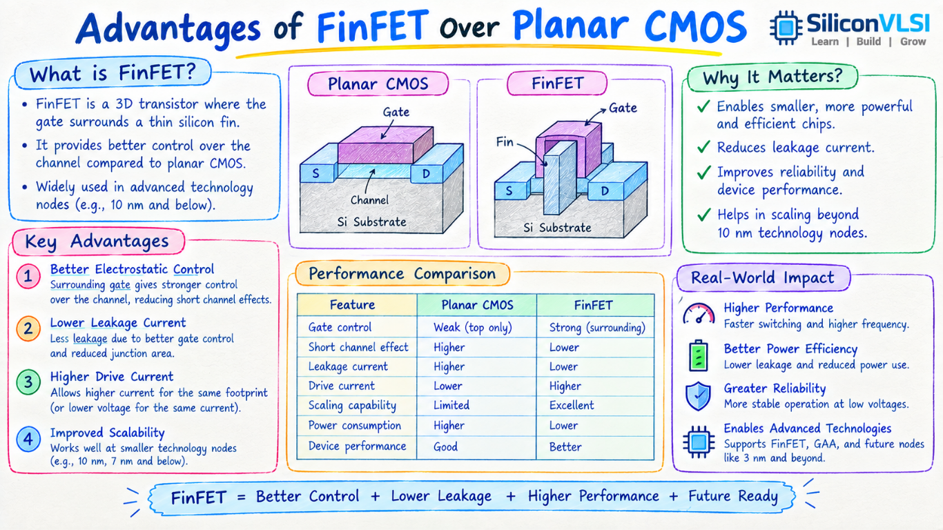 Advantages of FinFET over Planar CMOS showing 3D fin and multi-sided gate control