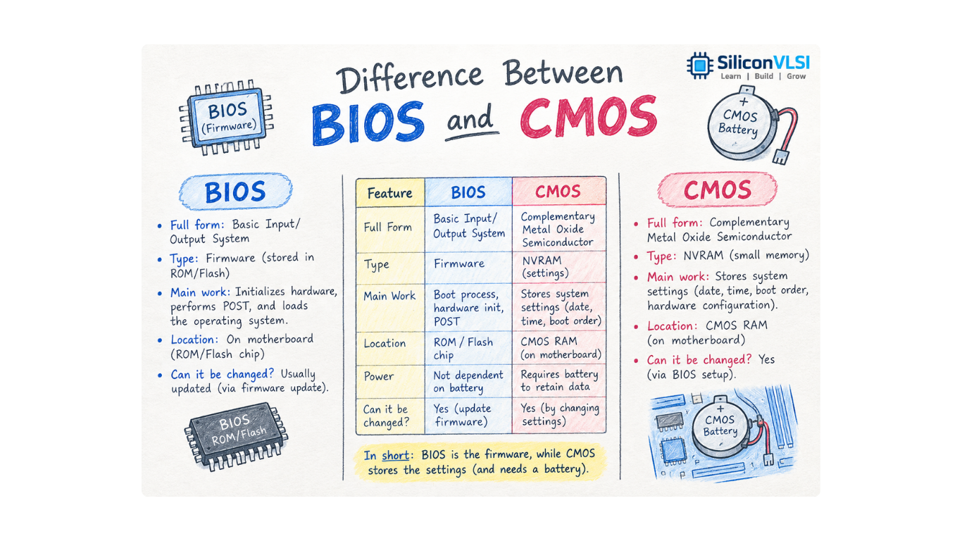 BIOS vs CMOS showing motherboard firmware and CMOS battery