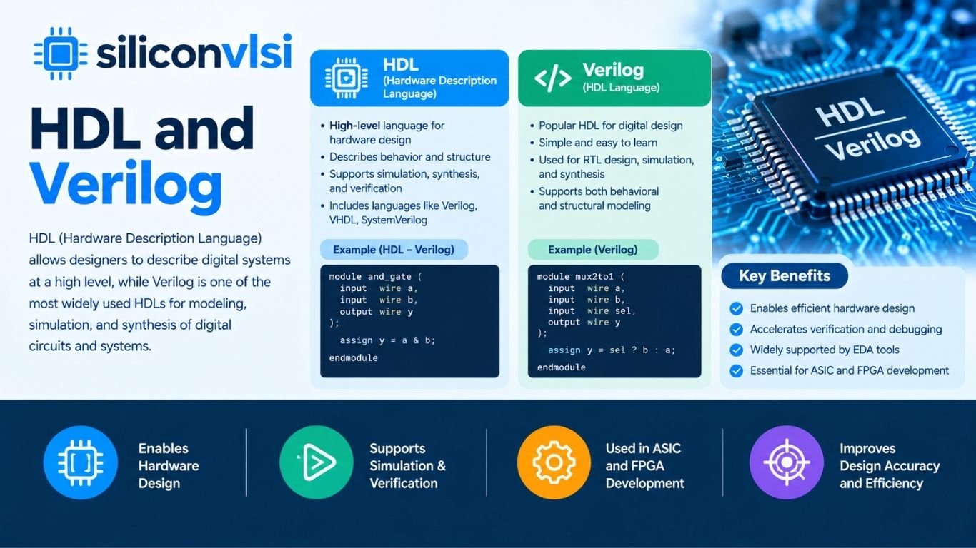 Hardware Description Languages showing VHDL, Verilog and digital RTL design